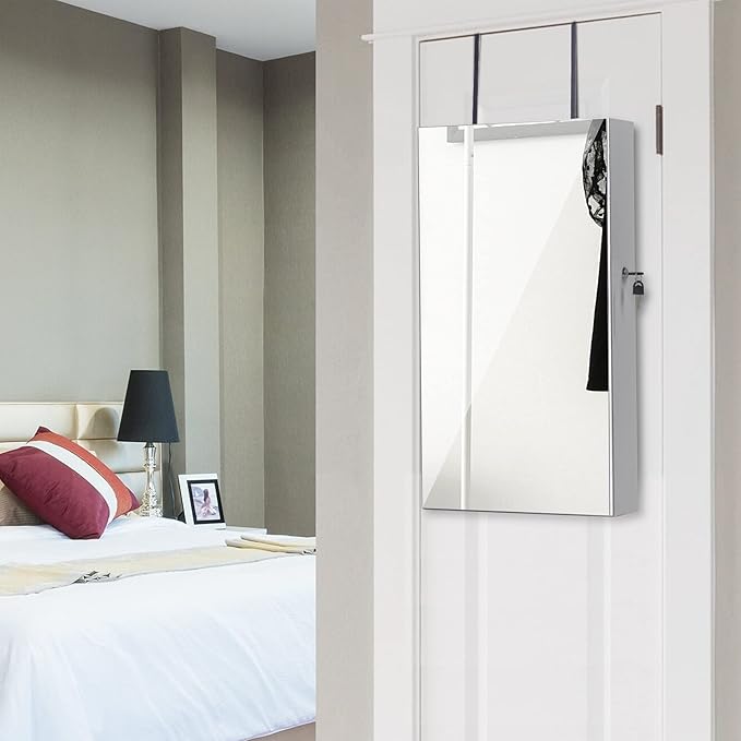 LAVIEVERT Lockable Jewelry Cabinet Armoire with Frameless Mirror, Wall/Door Mounted Space Saving Jewelry Display Organizer with Lipstick Compartments - White