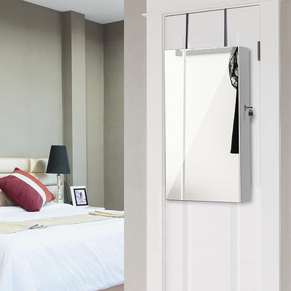 LAVIEVERT Lockable Jewelry Cabinet Armoire with Frameless Mirror, Wall/Door Mounted Space Saving Jewelry Display Organizer with Lipstick Compartments - White