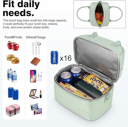 BALORAY Lunch Bag for Women Men, Double Deck Lunch Box for Adults, PU Leather Lunch Tote Bag Insulated Lunch Bags with Strap for Work Office Picnic(Green with strap)