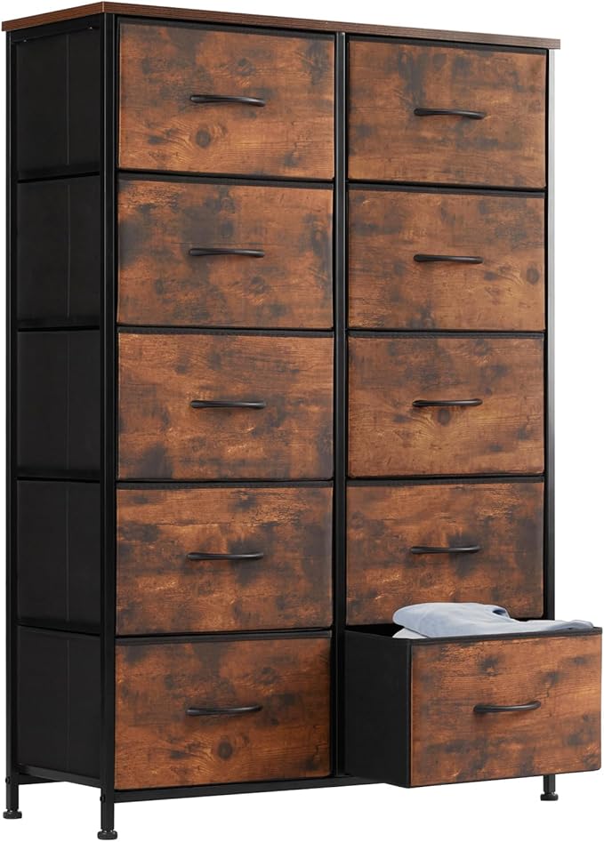 Sweetcrispy Dresser for Bedroom, Fabric Dresser with 10 Drawers, Chest of Drawers for Closet, Living Room, Sturdy Steel Frame, Wooden Top, Easy Pull Handle, Brown