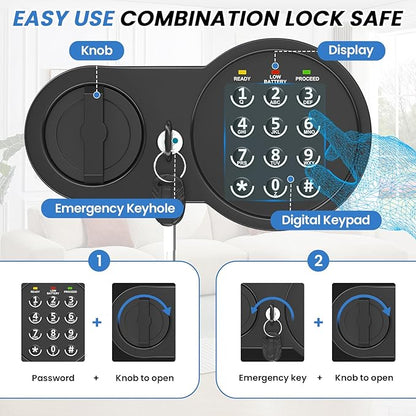 Safe Box with Fireproof Waterproof Bag, Home Safe with Keys & Pass Code & Wall Mount Kits, Money Safe with Smart Alert System for Money, Jewelry, and Documents, 0.5 Cu ft