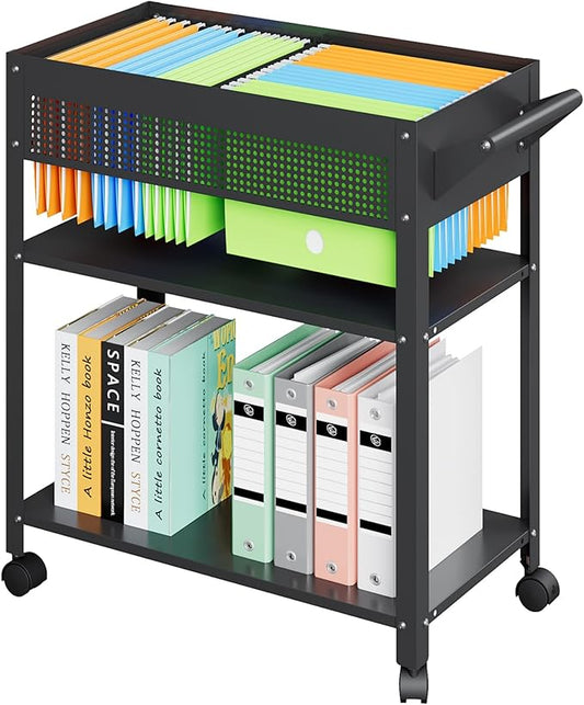 Rolling File Cart with Wheels Hanging Files,Rolling File Cabinet Organizer,Rolling Hanging File Folder Cart on Wheels,Metal Filing Cart,Fit A4/F4/Letter/Legal File for Home Office (Black Mesh)