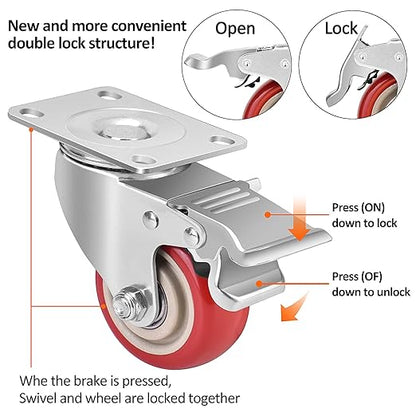 3 Inch Industrial Heavy Duty Swivel Caster Wheels with Brake,Set of 4 Safety Locking Casters,Load 1600lbs,Premium Polyurethane Wheels for Table,Trailer,Saw Table,Stage Toolbox,Bed,Corn Board