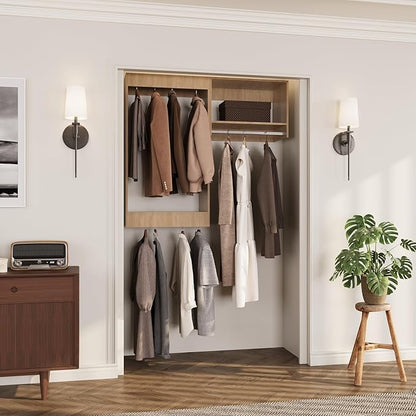 ROOMTEC Modular Closet System, 61" Wall-Mounted Closet Organizer with Hanging Rods, Wooden Tower for Walk-In Closets, Wardrobe Storage Kit, Wood