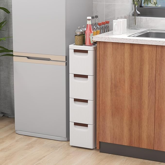 LOKO 4-Drawer Narrow Storage Cabinet, Slim Rolling Cart, Mobile Plastic Cart Container with Pull Handles, Built-in Wheels, for Living Room, Kitchen, Bathroom, Office (7.5"x16.5"x29.5" (4 Drawer))