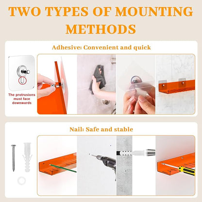2 Pack Floating Shelves– 15'' Orange Acrylic/PET Wall-Mounted No Drill Storage with Adhesive, Bathroom & Bedroom Shelving for Kitchen, Living Room, Home Decor