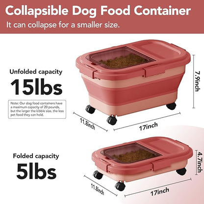 15 Lbs Dog/Cat Food Storage Container,Collapsible Food Storage Containers with Rolling Wheel Airtight Locking Lid,Pet Food Storage Container with Cup and Scoop,Pink