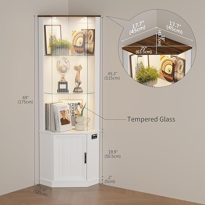 HNEBC 69" Tall Curio Display Cabinet with Glass Door and Movable Shelves,Corner Bookcase with LED Human Sensor Lights,5-Tier RGB Display Case for Collectibles,Bedroom Living Room
