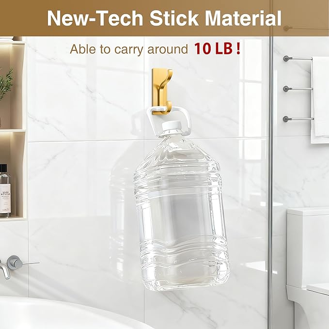pickpiff Wall Hooks with Adhesive Strip- Easy to Remove, No Residue, Strong Heavy Duty Sticky Towel Hook, 4 Pack Brushed Gold