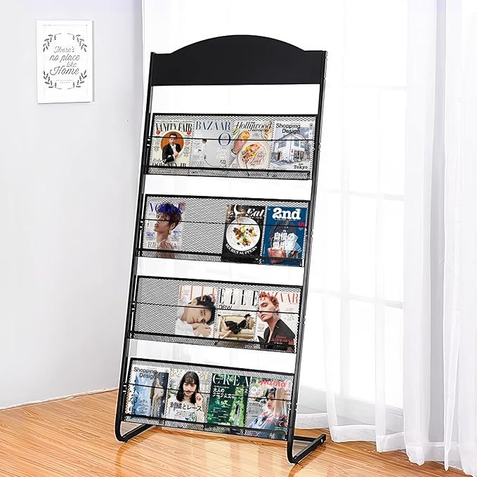 4-Tier Magazine Display Rack, 24.8" Wide Iron Brochure & Newspaper Stand