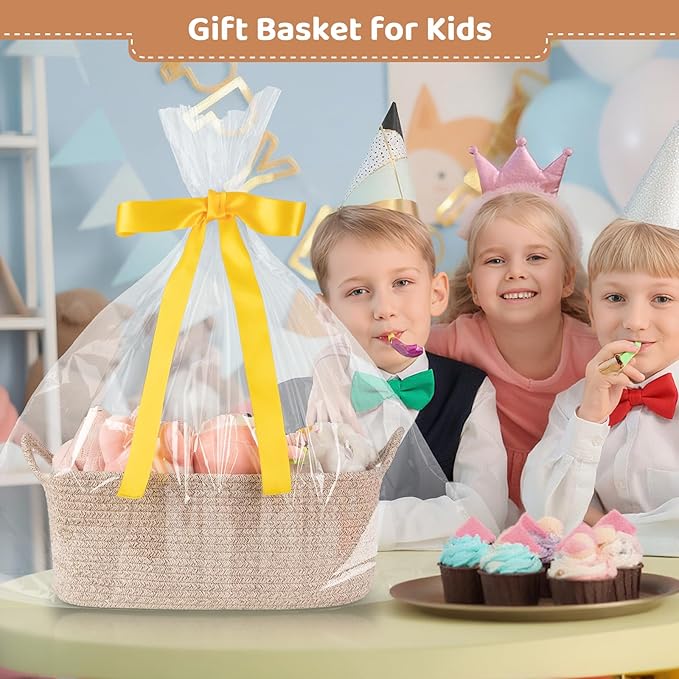 Large Empty Gift Baskets for Baby Shower, 16.5" L x 12.6" W x 7" H Cute Woven Storage Basket with Gift Bags and Ribbons, Small Rope Toy Basket with Handles, Cat Dog Pet Toy Organizer - Brown