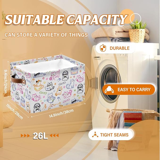 Rectangle Cat Storage Basket, Collapsible Storage Box Bin with Handles for Toy, Cat Laundry Hamper for Friend, Laundry Organizer for Room Nursery, Gifts for Chritsmas Thanksgiving 14.9x11x9.4in