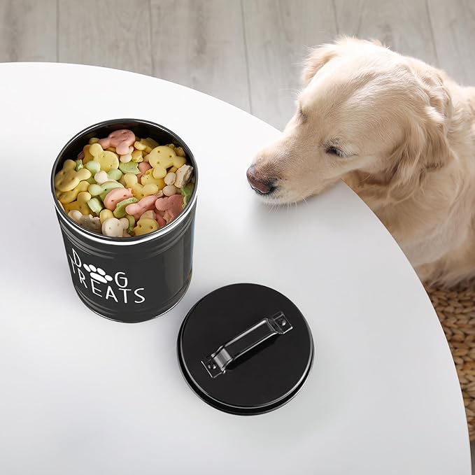 Extra Large Dog Treat Container Airtight - 9" Tall X 6" Round Black Dog Treat Jar for Kitchen Counter - Rustic Treat Storage Canister for Dogs, Cats, Small Animals