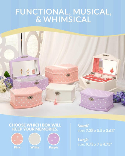 Elle Jewelry Box - Ballerina Jewelry Organizer and Swan Lake Wind-Up Music Box for Girls and Teens, Accessories and Keepsake Wooden Storage with Lock and Mirror, Charming Room Decor and Gift, Large