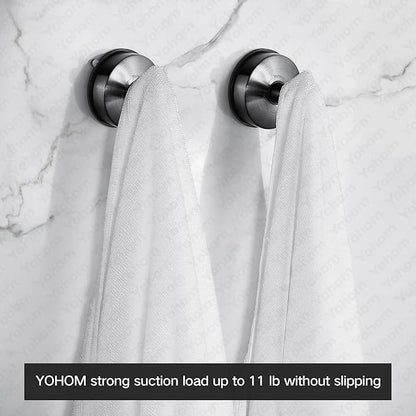YOHOM Suction Cup Hooks Shower Towel Holder Stainless Steel Vacuum Bathroom Shower Hook Suction Towel Rack Kitchen Organizer for Bathrobe Loofah Washcloth Brushed Black 4 Pcs