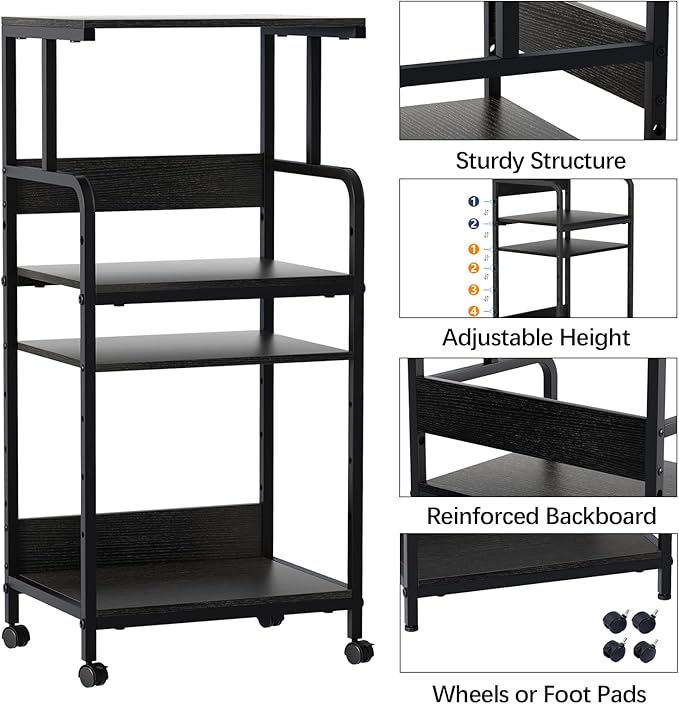 4 Tier Stand with Storage Shelf, Tall Mobile Printer Table for Home Office, Adjustable Stands for Heat Press Scanner Fax (Black)