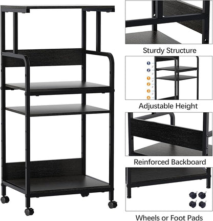 4 Tier Stand with Storage Shelf, Tall Mobile Printer Table for Home Office, Adjustable Stands for Heat Press Scanner Fax (Black)