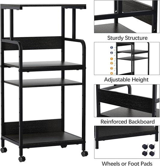 4 Tier Stand with Storage Shelf, Tall Mobile Printer Table for Home Office, Adjustable Stands for Heat Press Scanner Fax (Black)