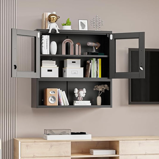 VINGLI Metal Wall Cabinet with Locking Glass Doors, Adjustable Shelf, Wall Mounted Storage Display Cabinets for Garage, Kitchen, Home Office, Warehouse, Living Room, Black