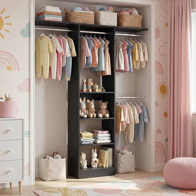 Cyclysio 4FT Small Closet System, 80"H Closet Organizer System with 4 Closets Rods & 3 Shelves, 48" Closets Organizers and Storage for Small Bedrooms, Laundry Rooms, Cloakrooms, Black
