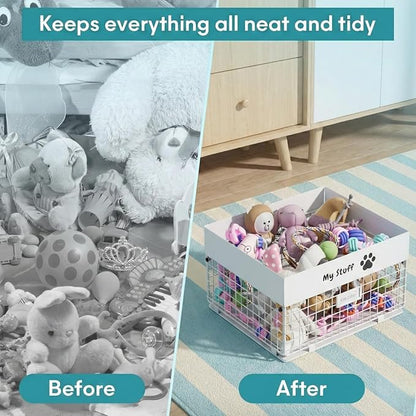 Dog Toy Box- Metal Toy basket for Dog - Dog Toys Storage Bin for Pet - Personalized Large Dog Toys Basket for Puppy and Pet- White Chew Resistant Dog Toy Chest & Organizer