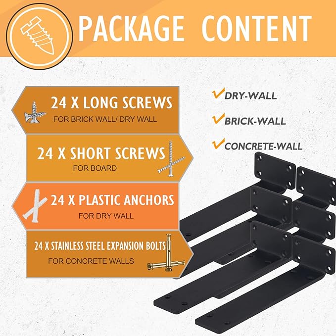 CLT Shelf Bracket( Black) , 8” Quarter Inch (1/4") Thick- Max Load: 220 lb Rustic Industrial Modern Farmhouse Heavy Duty Bracket for DIY Table Bench, Pack of 6
