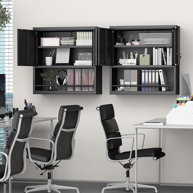 LUCYPAL Garage Storage Cabinet with Locking Doors and Adjustable Shelves,Black Metal Wall Cabinets for Garage,Steel Upper Storage Cabinet for Warehouse/Basement/Home Office
