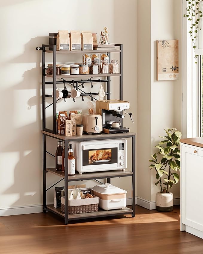 VEVOR Bakers Rack, 23.6 inch Width Microwave Stand,Kitchen Stand with X-Shaped Support Bar & 12 S-Shaped Hooks,Kitchen Storage Shelf for Dish Storage, Spice Jars, Coffee Bar Organization