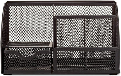 Annova Mesh Desk Organizer Office with 7 Compartments + Drawer/Desk Tidy Candy/Pen Holder/Multifunctional Organizer (Black)