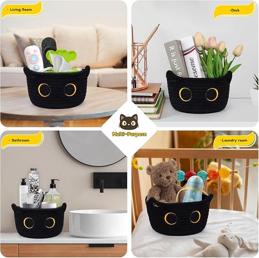 Small Storage Basket, Black Cat Cotton Rope Baskets Woven Blasket for Nursery, Blanket Basket Baby Toy Storage Organizer With Ears for Gifts Cat Dog Bin Toys 8.5×4.5 inches