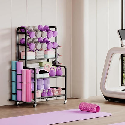 Homeiju Dumbbell Rack, Weight Rack for Home Gym, Yoga Mat Storage Holder with Lockable Wheels, Dumbbell Stand with Hooks, All in One Work out Equipment Storage for Yoga Mat Dumbbell and Balls