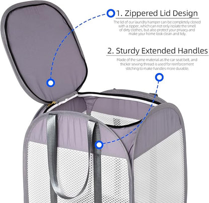 1.5 Loads, Pop-up Laundry Hamper with Extended, Thickened and Reinforced Handles, Tear Proof, Laundry Basket with Zipper Lid, With YKK Zipper, Honey Comb Mesh, Breathable, 14.9"*14.9"*21.6" (white)