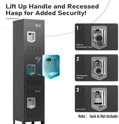 Metal Storage Locker with Lock & Card Slot Locker - Secure Lockable Door - Steel Locker for School, Office, Gym, Home - 66.15" H x 11.8" W x 11.8" D（3 Door, Black）