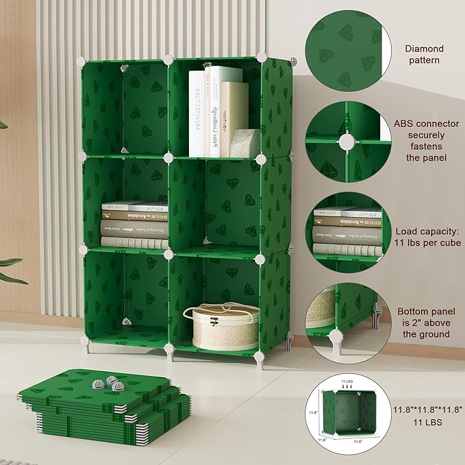 UNKU Cube Storage Organizer, 6 Cube Closet Organizer Storage Shelves, DIY Stackable Bookcase, Clothes Organizer Shelf for Closet, Bedroom, Living Room, Cabinet, Home, Office, Green
