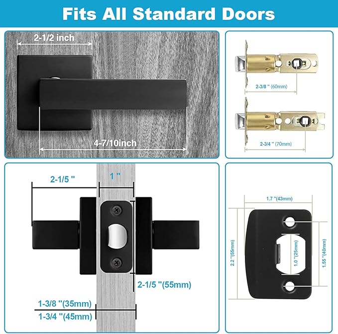 Estmoon 8 Pack Passage Door Handles Matte Black Door Levers, Interior Door Knobs Square Heavy Duty Non-Locking Handlesets Hall Closet Handles