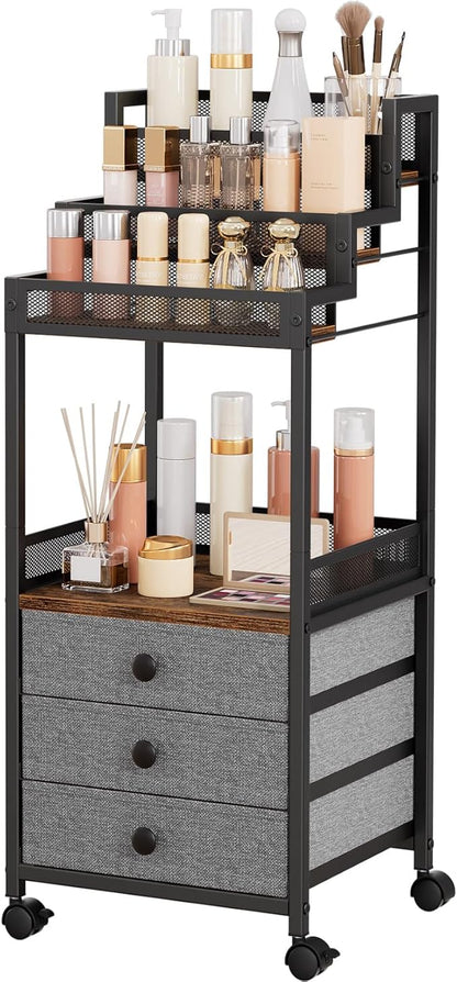 Display Riser Stand Perfume Cologne Organizer, Rolling Makeup Storage Cart with Fabric Drawers, Floor Vanity Cosmetics Display Cases for Skin Care Nail Polish Figures Rustic Brown Ladder Stand