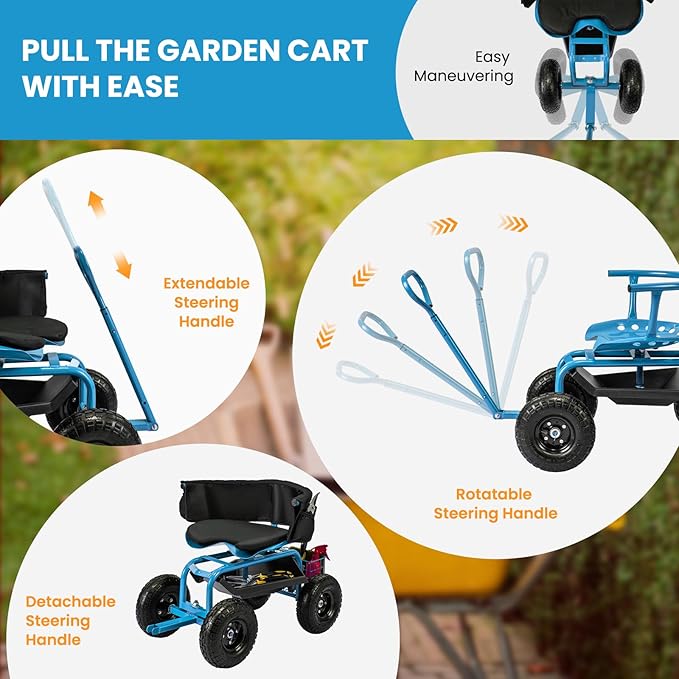 Giantex Rolling Garden Cart, 360 Swivel Workseat with 4 Wheels, Removal Cushion & Tool Tray, Storage Basket, Gardening Wagon Scooter with Adjustable Height, Handle (Blue)