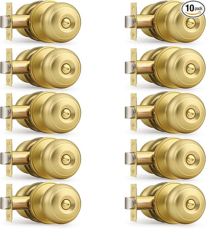 Probrico Brushed Brass Bed/Bath Knobs Keyless Privacy Interior Doors Locksets, Gold Door Knobs 10 Pack