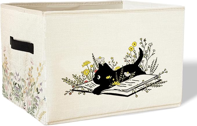 Black Cat Floral Storage BasketBins With Handles for Girls Kids, Floral Cat Foldable Organizer Basket Toybox for Girls Room Nursery Bedroom Bathroom Clothes Toys Books