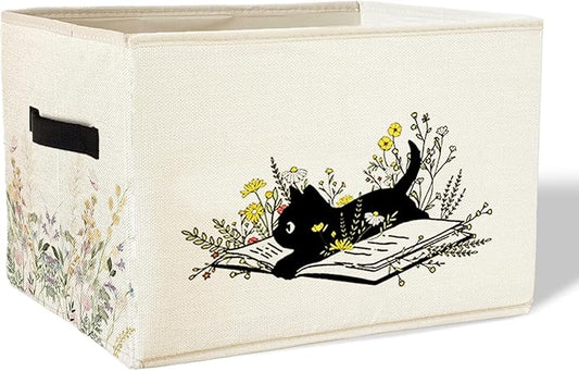 Black Cat Floral Storage BasketBins With Handles for Girls Kids, Floral Cat Foldable Organizer Basket Toybox for Girls Room Nursery Bedroom Bathroom Clothes Toys Books