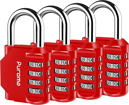 Puroma 4 Pack Combination Lock for Locker 4 Digit Outdoor Waterproof Padlock for School, Gym, Sports, Fence, Toolbox, Gate, Case, Outdoor, Hasp Storage, Cabinets (Red)