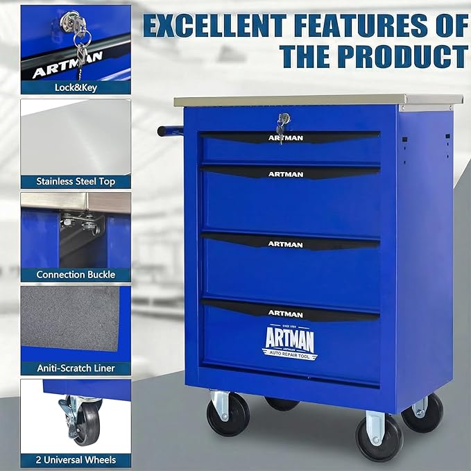4-Drawer Rolling Tool Chest with Stainless Steel Countertop,Tool Chest with Secure Locking System,Mobile Storage Tool Cabinet with 360°Wheels and Padded Feet,for Home,Garage (Blue)