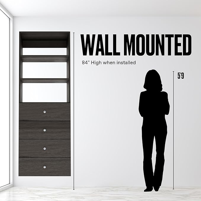 Closet Shelves Tower - Modular System With Drawers (4) - Corner Organizer and Storage Shelves (Gray, 19.5 Inches Wide)
