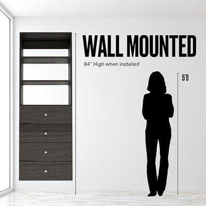 Closet Shelves Tower - Modular System With Drawers (4) - Corner Organizer and Storage Shelves (Gray, 19.5 Inches Wide)
