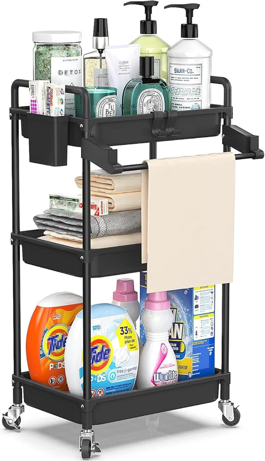 SPACEKEEPER Rolling Storage Cart, 3 Tier Utility Cart Laundry Room Organization Mobile Shelving Unit Bathroom Organizer with Towel Rack, Lockable Wheel, Hooks & Cup for Kitchen Office, Black