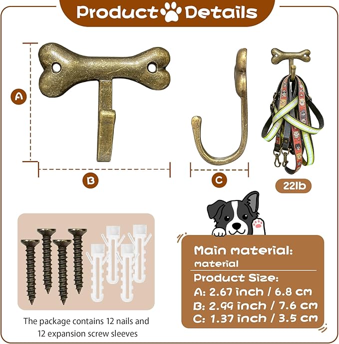 6PC Dog Bone Shaped Hooks Wall Mount Pet Leash Hook Cat Leash Holder for Wall Cute Coat Hooks Key Holder for Entryway Hallway Kitchen Office, Great Gift for Dog and Cat Lovers(Antique Brass)