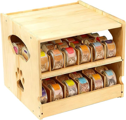 Cat Food Can Organizer, 2-Tier Stackable Pet Food Can Storage Rack with Paw Print, Space-Saving Pantry Organization, 12.2 x 11.2 x 10.6 in