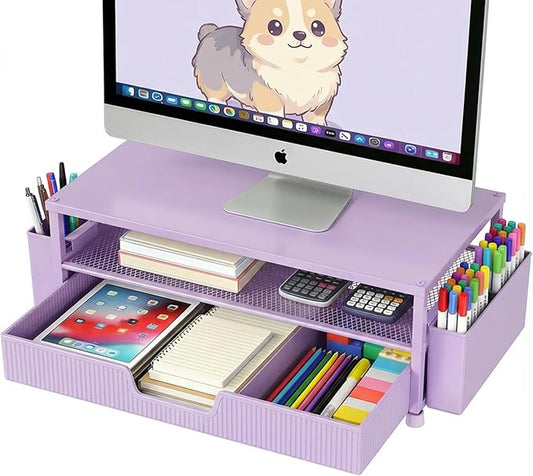Desk Organizer and Accessories, 2-Tier Computer Monitor Stand Rise with Storage Drawer & 2 Pen Holders, Laptop & Printer Stand for Desktop, Workspace Organizers for Office Supplies (Purple)