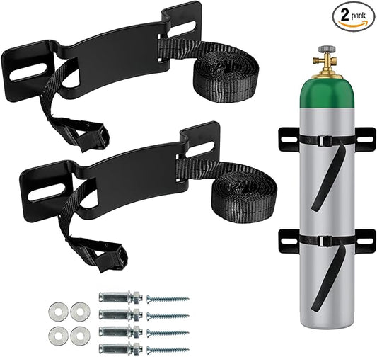 2PCS Gas Cylinder Wall Mounted Brackets, with 59 inches Safety Nylon Belt, Steel Propane Tank Holder, Heavy Duty Oxygen Nitrogen Tank Bracket for OTG Rv Water Softener - Black