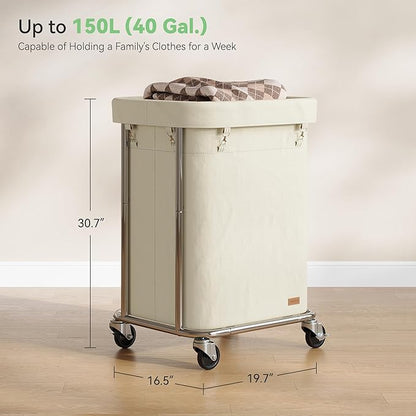 Laundry Basket with Wheels 150L/40Gal, Rolling Laundry Hamper with Steel Fram and Removable Washing Bag,Laundry Sorter Cart for Laundry Room,Hotel,Dorm,Cream and Silver